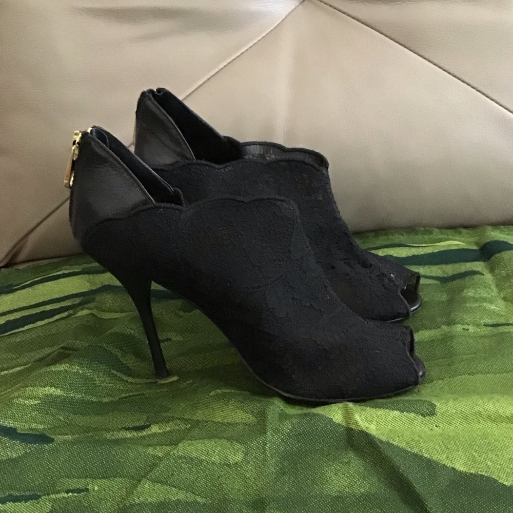 Ted Baker Lace Leather Open Toe Black Booties